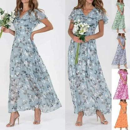 👗Eleganckie szyfonowe sukienki z krótkim rękawem w kwiaty