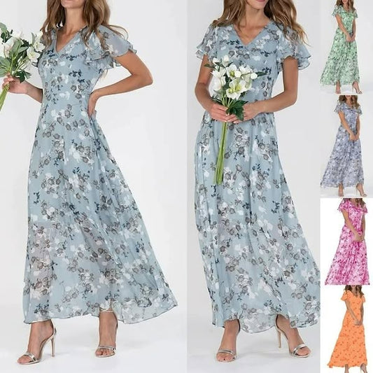 👗Eleganckie szyfonowe sukienki z krótkim rękawem w kwiaty
