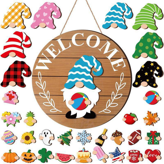 Promocja sezonu🌟 Twój całoroczny festiwal kreatywności 🎄 Wymienny drewniany znak powitalny skrzata🎈