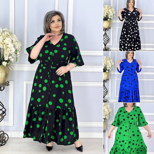 💖Elegancka sukienka w kropki plus size z dekoltem w szpic