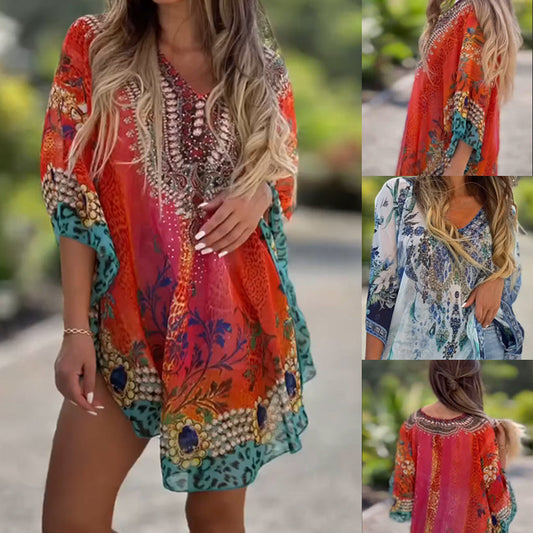 🥰Luźna sukienka boho z dekoltem w szpic