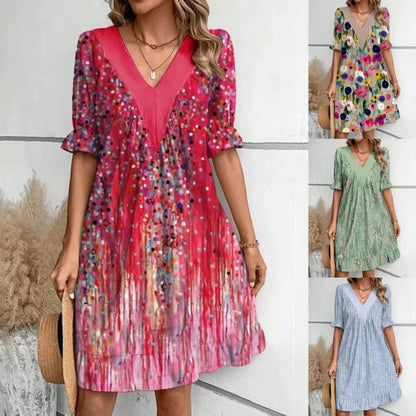 💕Elegancka sukienka trzepotowa z nadrukiem z dekoltem w serek