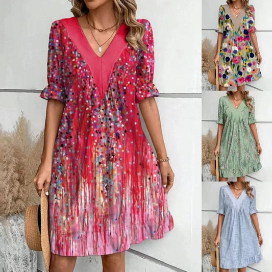 💕Elegancka sukienka trzepotowa z nadrukiem z dekoltem w serek