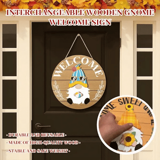 🍁Idealna dekoracja świąteczna🎄 Wymienny drewniany znak powitalny z krasnalem🎈